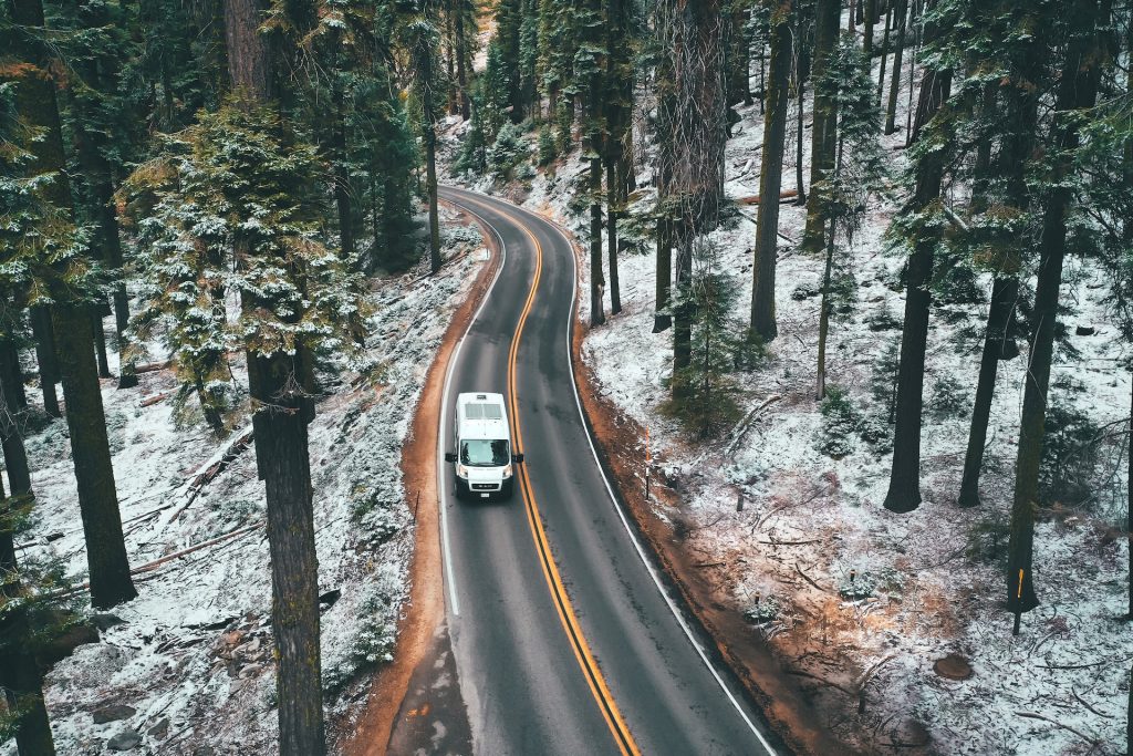 black car on road between trees during daytime